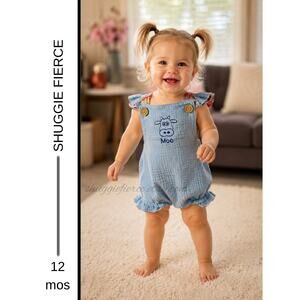 Baby Blue Baby Romper Linen Romper Toddler Bubble Romper with ruffles size 12mo